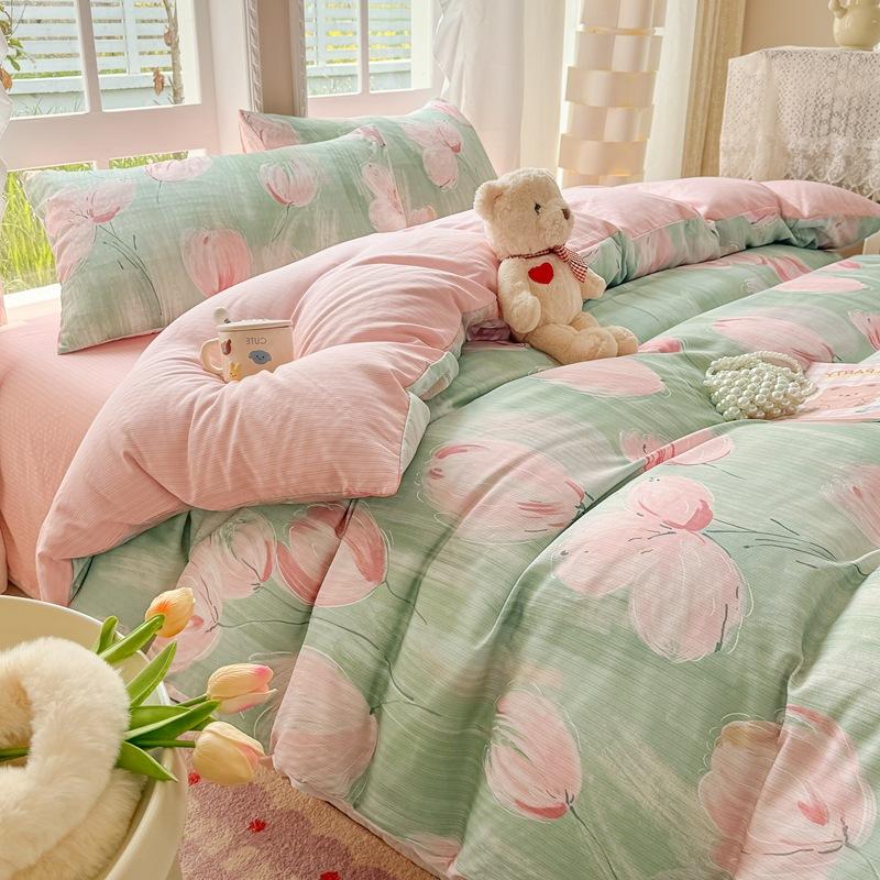Class A maternal and infant grade, jacquard aerobic colored cotton, skin-friendly, comfortable, simple and literary 4pcs set on the bed