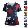 Damen Independence Day Print V-Ausschnitt Doppeltasche Kurzarm Uniform mit geschlitztem Saum - Pflegekraft Oberteil