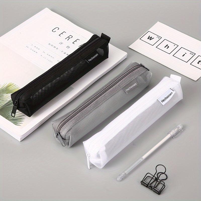 Minimalist Clear Mesh Pen Pouch - Portable, Space-Saving Organizer for Students and Exams, 8.89cm X 6.99cm X 1.27cm, White with Zipper Closure