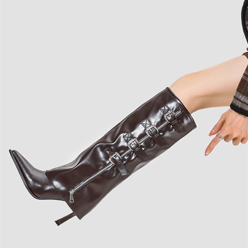 Fashion Runway style Fashion Patent Leather Belt Metal Buckle Women Motorcycle Knee-High Boots Autumn Winter High Heels Long Boots Shoes