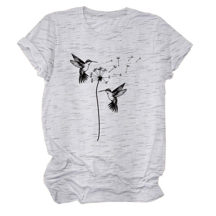 Sommer Rundhals Zwei Vogelmuster Druck Top Modische Lässige Kurzarm Damen T-Shirts