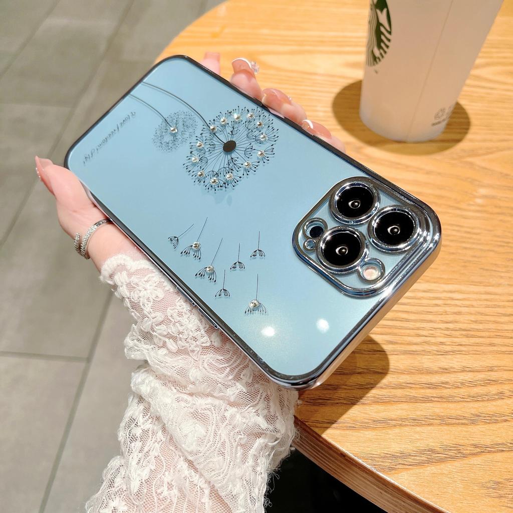 Suitable for IPhone16 Cases with Gradient Glitter, 15 Electroplated Dandelion Dot Diamond, and Transparent Tpu Soft for Apple 14pro