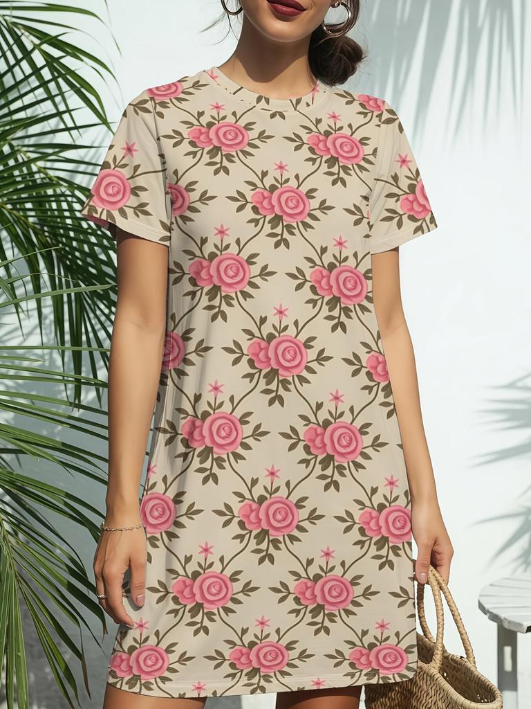 Classic Damask New Arrival Women'S Round Neck Short-Sleeve T-Shirt Dress. American Trendy Digital Print. Casual Versatile Style for Spring And Summer.