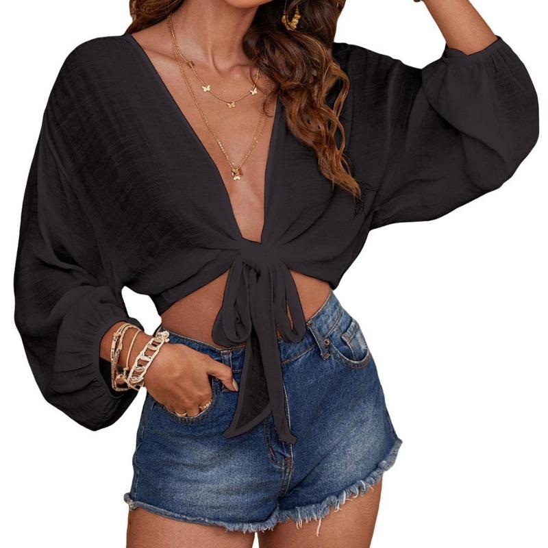 Fashion Casual Summer Women Beach Shirt Solid Color V Neck Solid Color Simple Crop Tops Elegant Ladies Tie Up Cardigans Streetwear Blouse Clothing