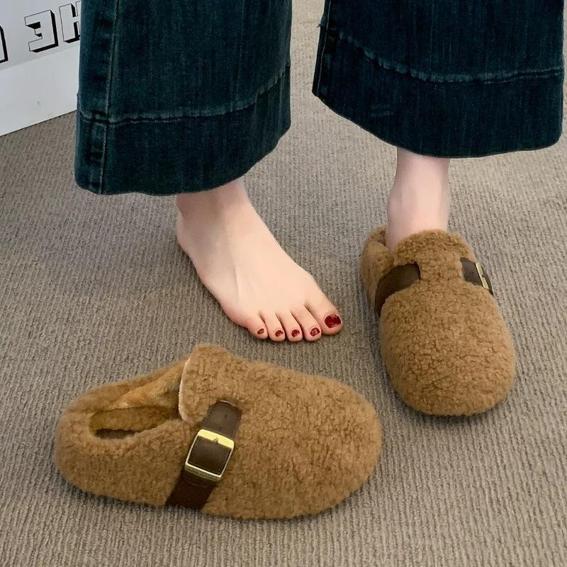 Thick-soled Birkenstocks, bag head, half-towed cotton slippers, women's wear autumn and winter new snow boots, plush cotton shoes
