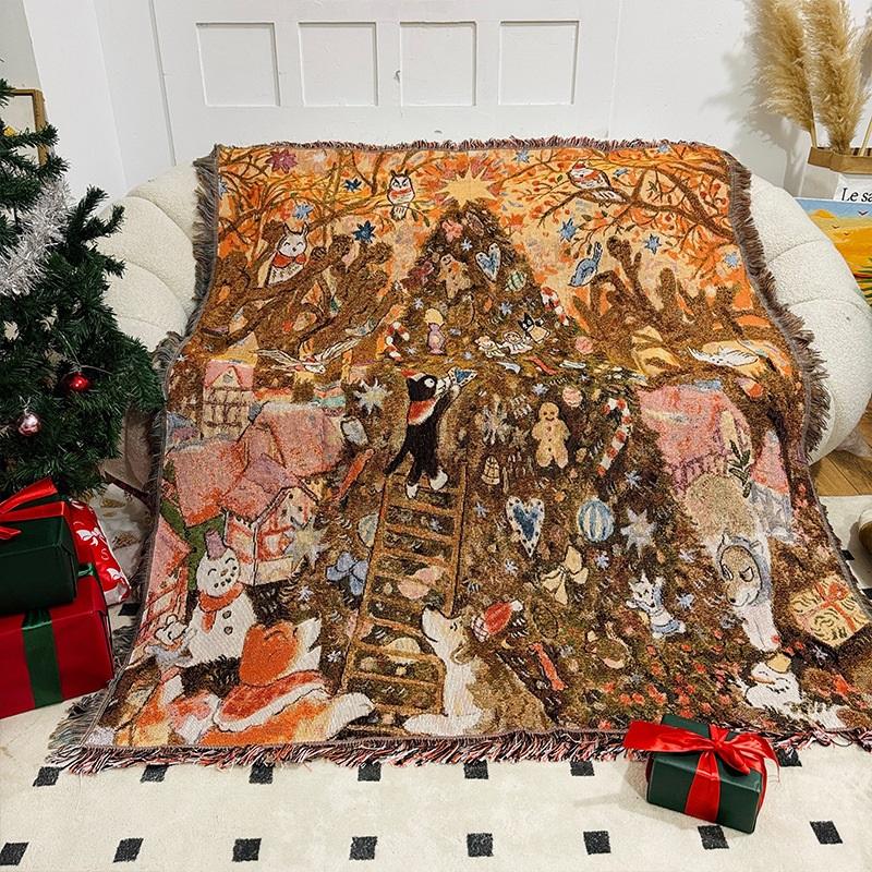 Retro Cartoon Sofa Blanket Cotton Throw Warm Christmas Living Room Couch Towel Soft Cozy Sofa Cover Decorative Blanket