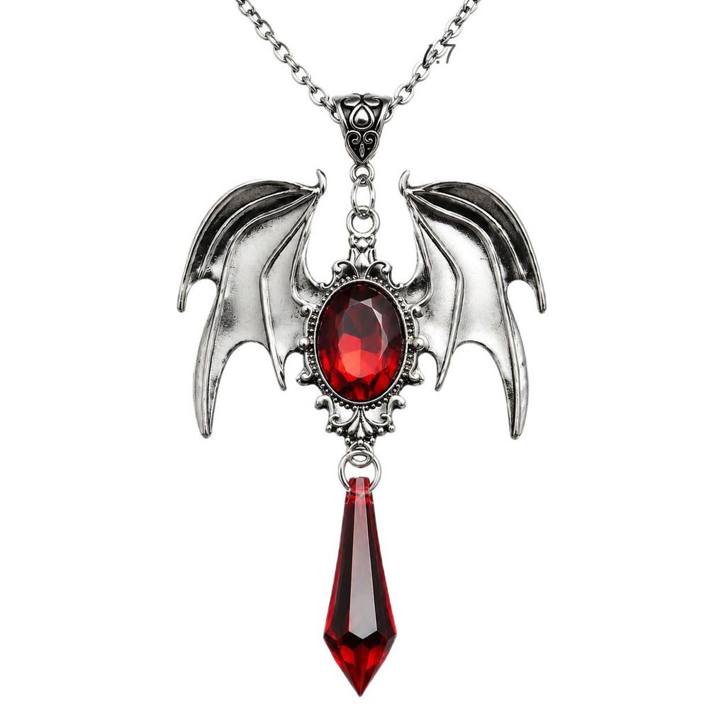 Victorian Gothic Ruby Crystal Necklace with Bat Wings