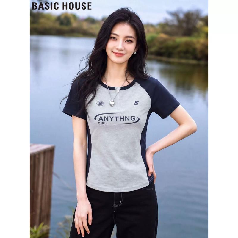 Basic House Women's Color Block Letter Print Cotton T-Shirt