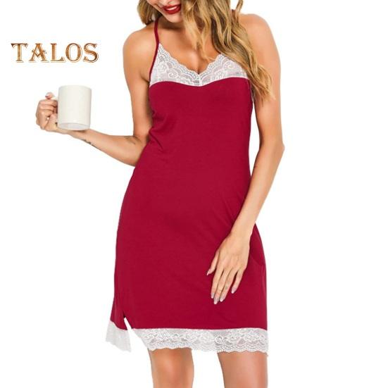 Damen Nachthemd mit Spitze, Spaghettiträger, V-Ausschnitt, Chemise, Nachtwäsche, Ganzunterkleid, Babydoll, Schlafkleid, Sommer, weiche Nachtwäsche