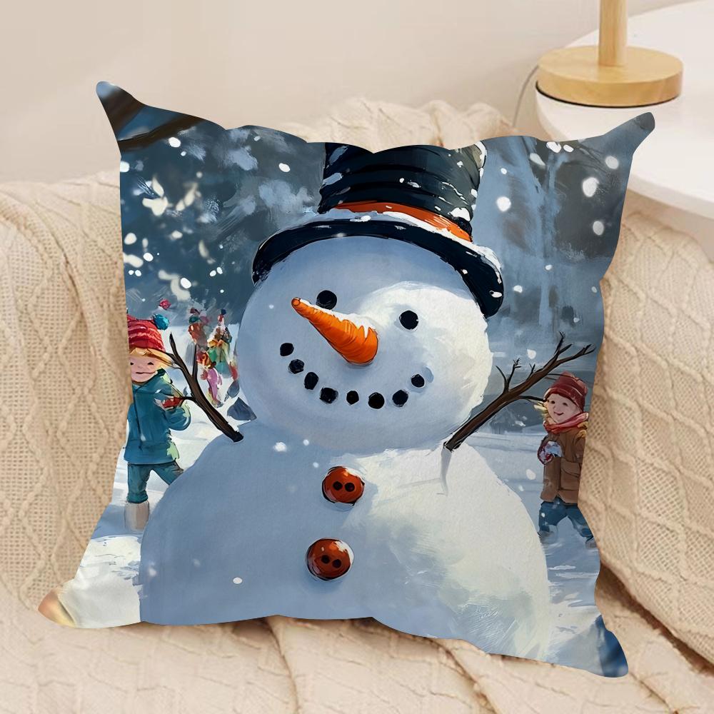 Snowman Oil Paint Retro Cushion Cover Silky Short Plush Invisible Zipper Dustproof Sofa Pillow Case For Home Decor