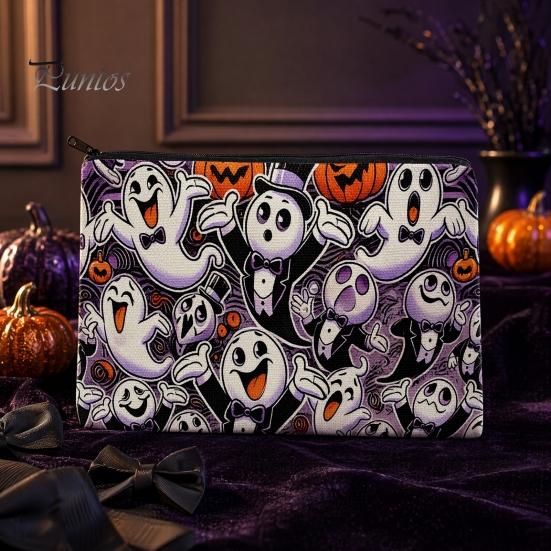Wear-resistant Canvas Pouch Halloween Storage Bag, with Colorful Cartoon Ghost Print, Durable Travel Bag Makeup Zipper Large Capacity Lightweight