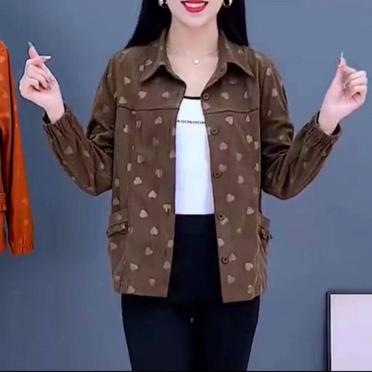 

Xue er Heart Jacquard Corduroy Jacket: Fashionable Spring/Autumn Striped Lapel Cardigan for Women 2XL