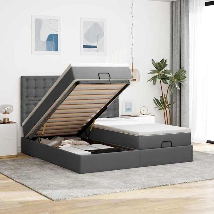 Exclusive House - Ottoman Bed Frame with Dark Grey Mattress 160x200cm Fabric