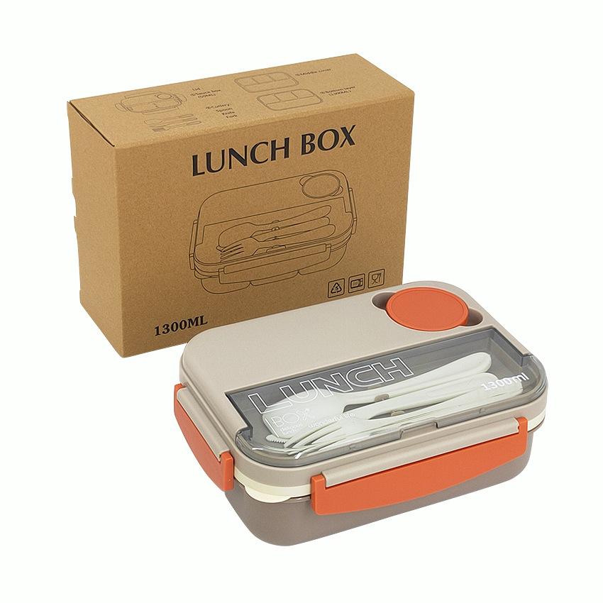 

1300ml Plastic Lunch Box 4 Grid Sauce Dish Microwave Safe Bento Box with Spoon Fork Knife Portable Student Office Food Container серый
