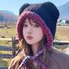 Fashion Bear Ear Knitted Woolen Hat Thickened Keep Warm Beanies Cap Windproof Winter Bomber Cap for Women