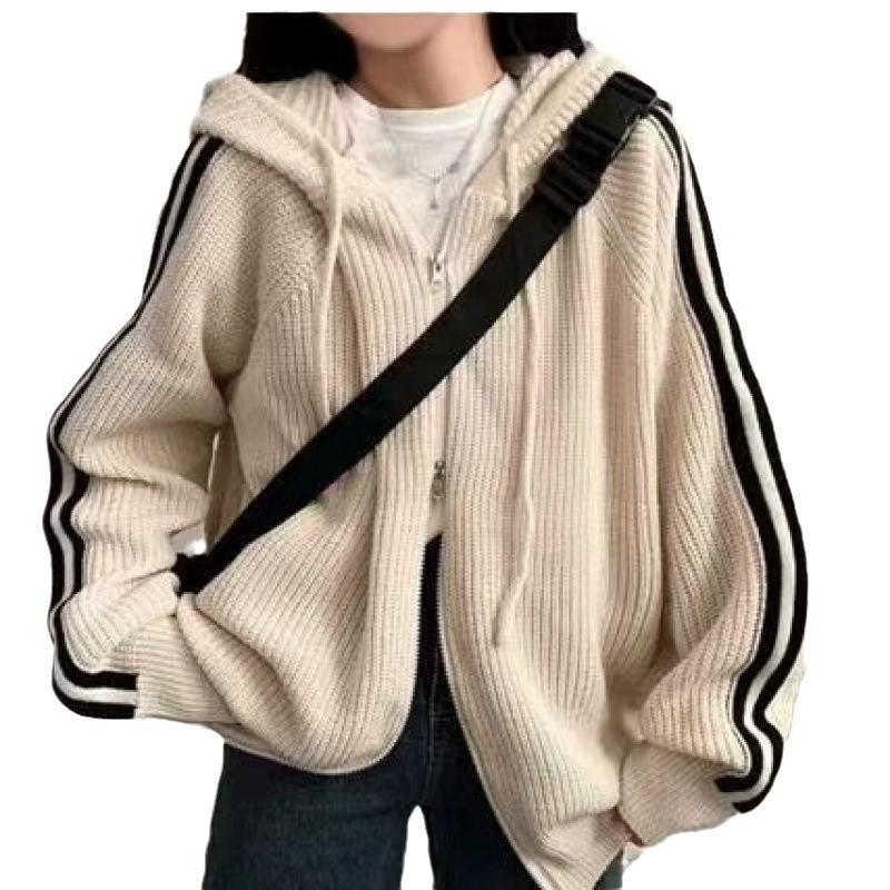 Korean Chic Striped Drawstring Hooded Knit Cardigan for Women - Autumn/Winter Collection