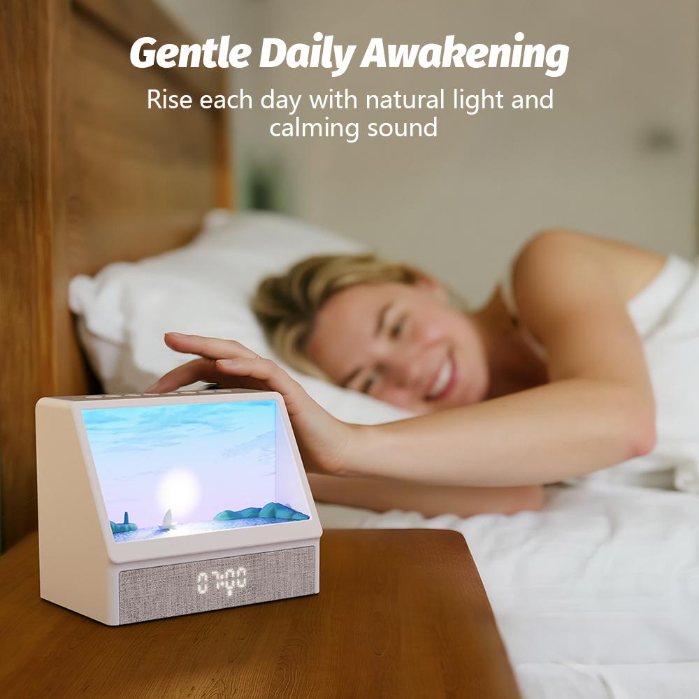 Sunrise Alarm Clock with Night Light White Noise Nature Inspired Sleep Sounds BT Music Wake Up Light Dimmable Atmosphere Lamp