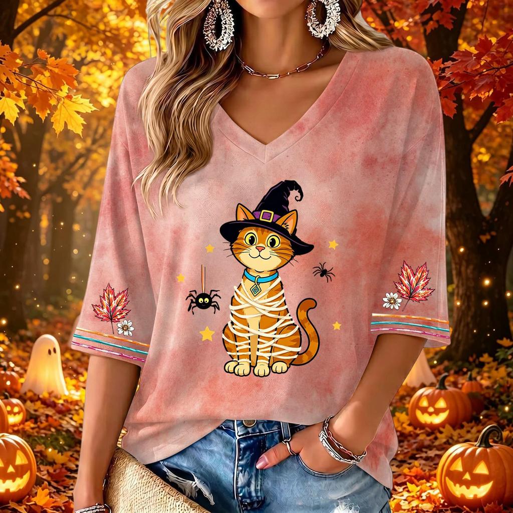 Women's V-Neck Three-Quarter Sleeve Casual Top with Halloween Print