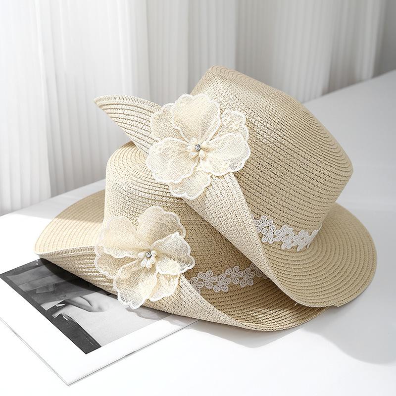 Fashion lace flower curled straw hat women's summer seaside woven hat seaside vacation visor beach sun hat