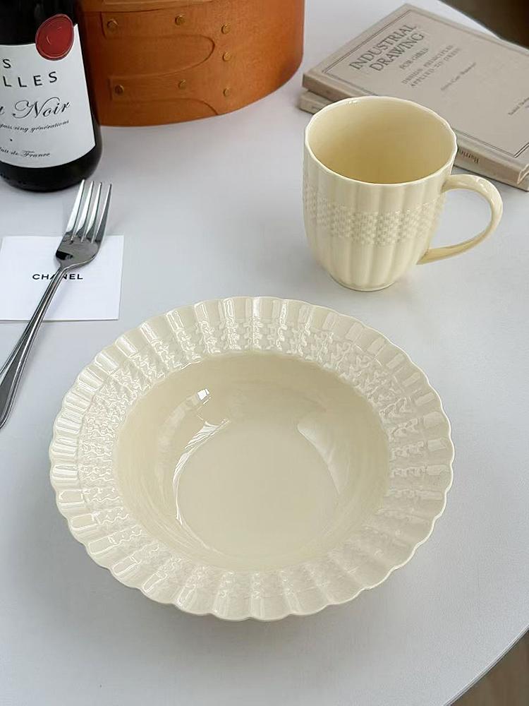 Relief Ceramic Straw Hat Plates Household Nordic Style Vintage Light Luxury Dinner Dish Floral Shape Deepen Kitchen Tableware