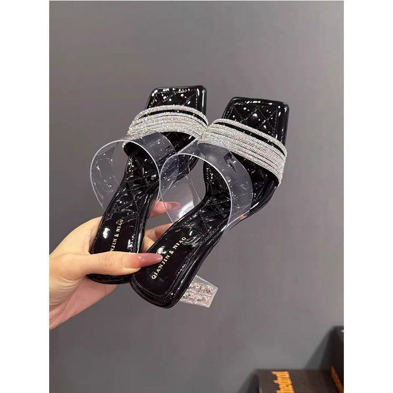 Sexy Rhinestone Thick High-heeled Women's Sandals 2025 Summer New Fairy Wind Transparent Belt Slippers Women's Outer Wear