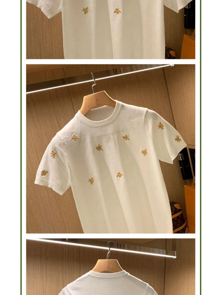 Men's Trendy European Bee Embroidery Knit T-Shirt, Short-Sleeved, Round Neck, Light Luxury Style