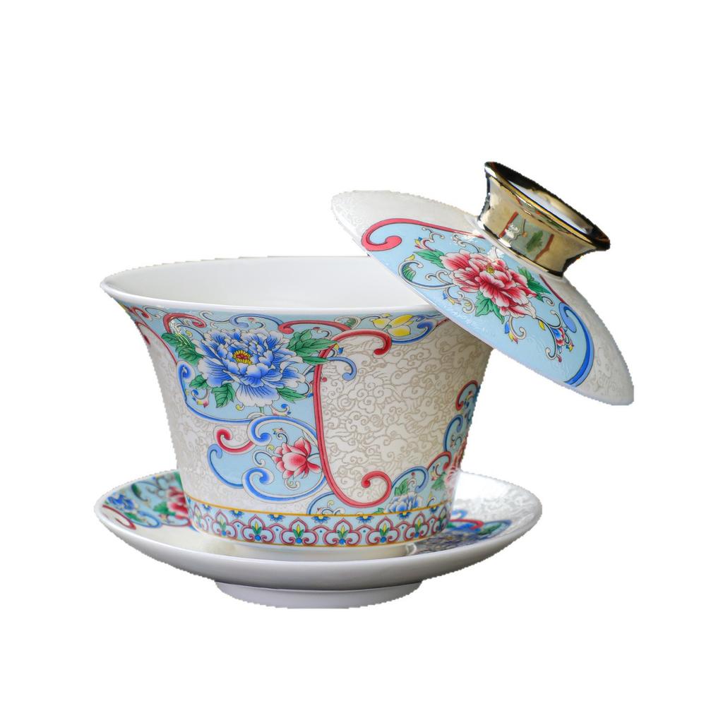 White porcelain enamel color kung fu tea set, turn cover bowl, fair cup, tea cup, full set of business souvenir box