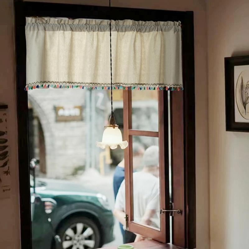 Short Curtain With Colorful Tassels For Home Decors Semi Sheer Window Drape Valance Panel Easy Installation Rod Pocket