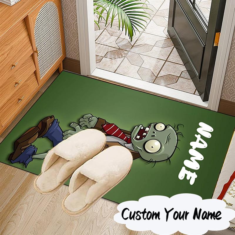 Custom Name Zombie Garden Battle Rug for Living Room, Game Rooms, Office, Bedroom, Floor Mat Playful Design, Fan Gifts Christmas Decor