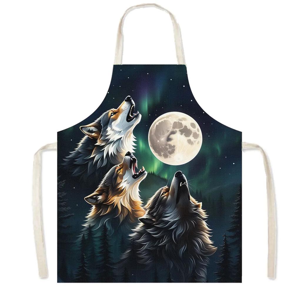 Howling Wolf Under The Moonlight Print Kitchen Aprons Women Men Baking Home Cleaning Clothes Pinafore Chef Waiter Cooking Apron
