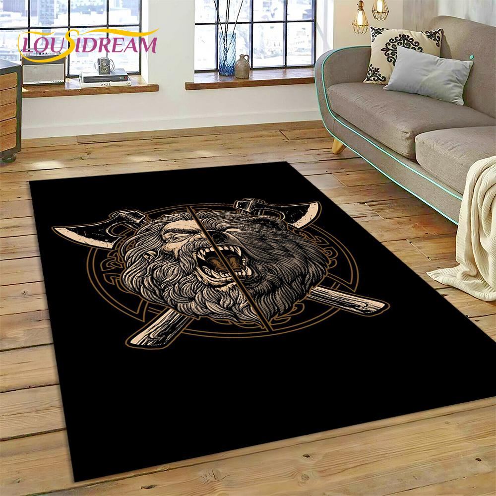 Teppich mit Wikinger-Symbolen aus der nordischen Mythologie, Odin, Walhalla, für Zuhause, Wohnzimmer, Schlafzimmer, Sofa, Fußmatte, Dekor, rutschfeste Bodenmatte für Kinder