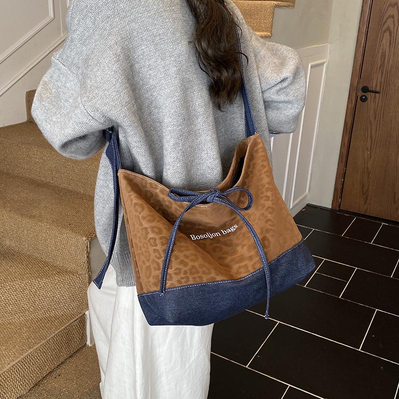 Retro Leopard Patchwork Denim Tote - Large Capacity Crossbody & Casual Shoulder Bag