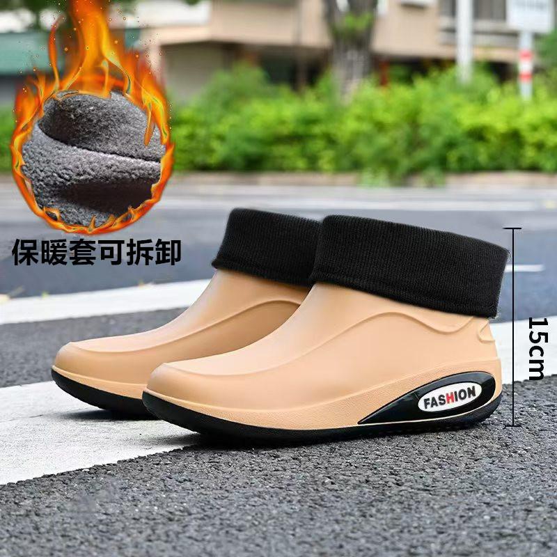 Winter fixed velvet warm waterproof glue shoes trendy men's short rain shoes wading short boots outdoor men's rain boots warm cotton shoes