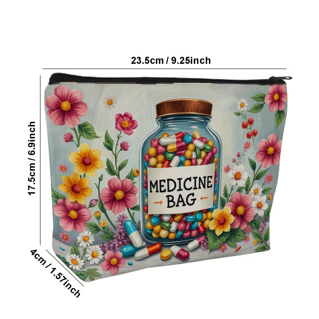 1pc Floral Medicine Bag Vibrant Cartoon Capsule Multi-Functional Cosmetic Travel Storage Pouch with Zipper Travel Essentials Bag