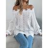 Women's Knitted Sweater for Autumn/Winter Solid Colour Lace-Up Long Sleeves Ragged Hem Off-Shoulder Pullover Loose-Fit Top