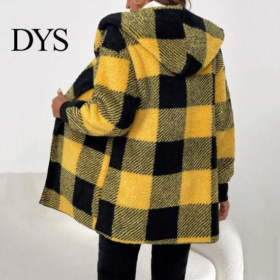 Cardigan Sweater Winter Coat Plaid Print Hooded Thick Windproof Open Stitch Knit Outerwear Mid Length Fuzzy Plush Jacket for School Travel Fall