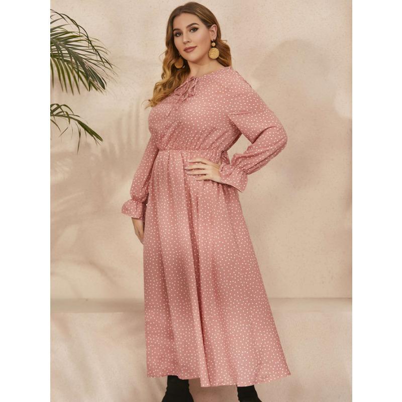 Frühlings- und Herbst-Damenkleid, großes Kleid, gepunktet, lockere Langarm-Kleider