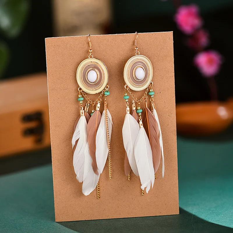 Bohemian Colorful Feather Dangle Earrings For Women Ethnic Long Chain Tassel Drop Earring Girls Vacation Jewelry Gift