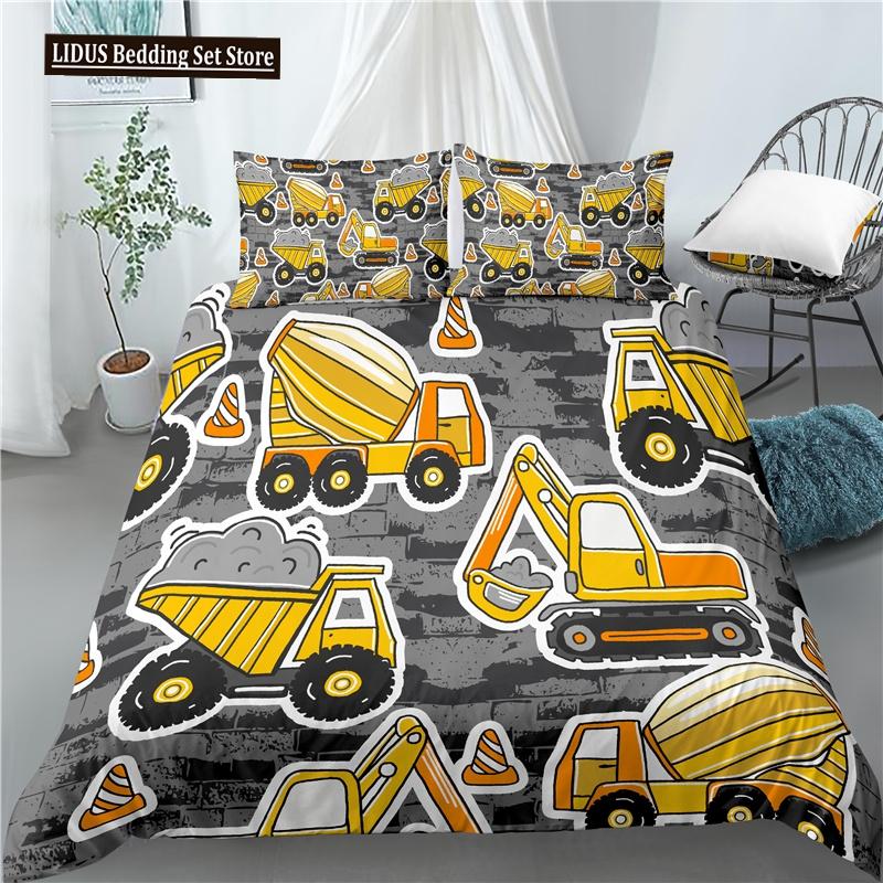 Cartoon Feuerwehrauto King Queen Bettwäscheset für Jungen Kinder Betonmischer Bettbezug Traktor Kran Bagger Polyester Quiltbezug