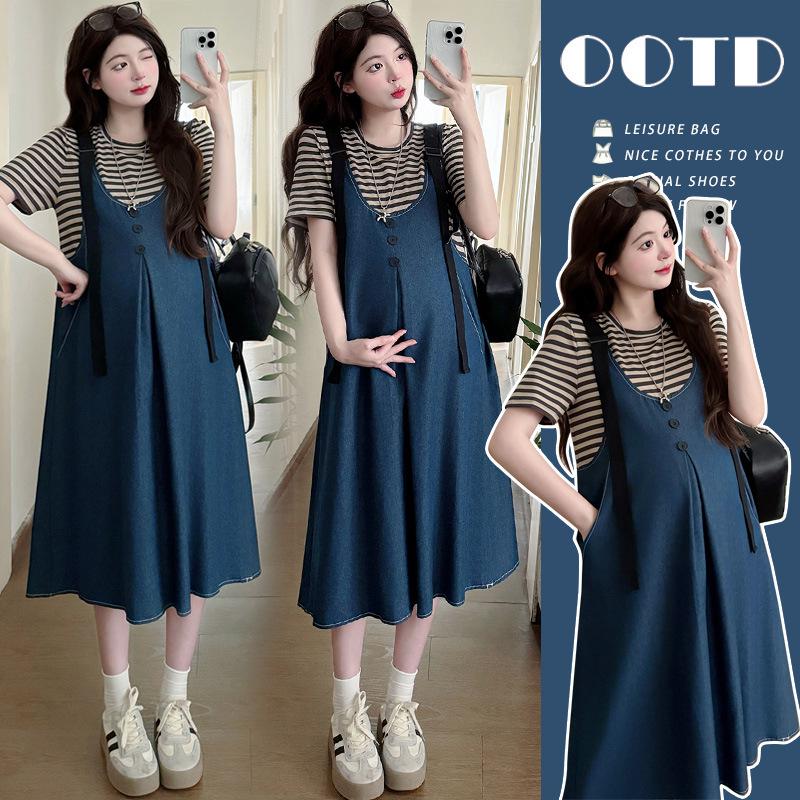 2026 Summer Maternity Striped Patchwork Two-Piece Denim Dress XL синий