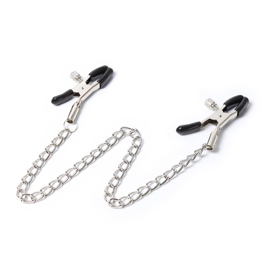 Erotic Nipple Clamps with Iron Chain and Leather Clips for Adult Pleasure