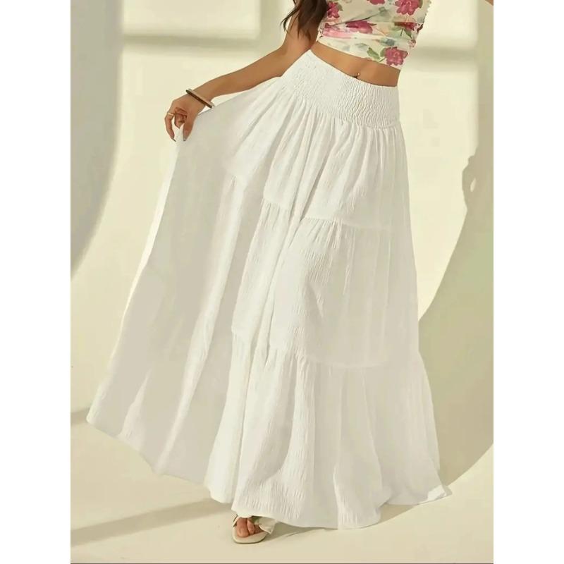Women's Fashionable Layered Long Skirt Casual Solid Color Elastic Waist Women Half Skirt Holiday Date Vacation