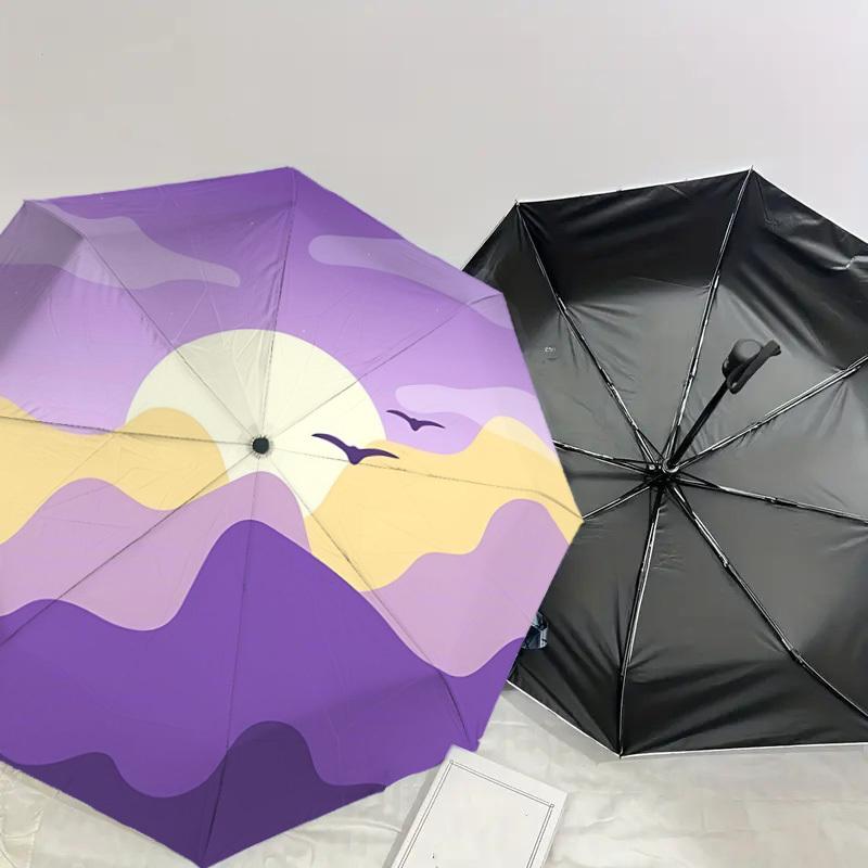 1pc Sunset Mountains Automatic Folding Umbrella 8 Rib Iron Frame,  Suitable for Travel, Daily Use, Birthday, Women & Men Gift C1231050