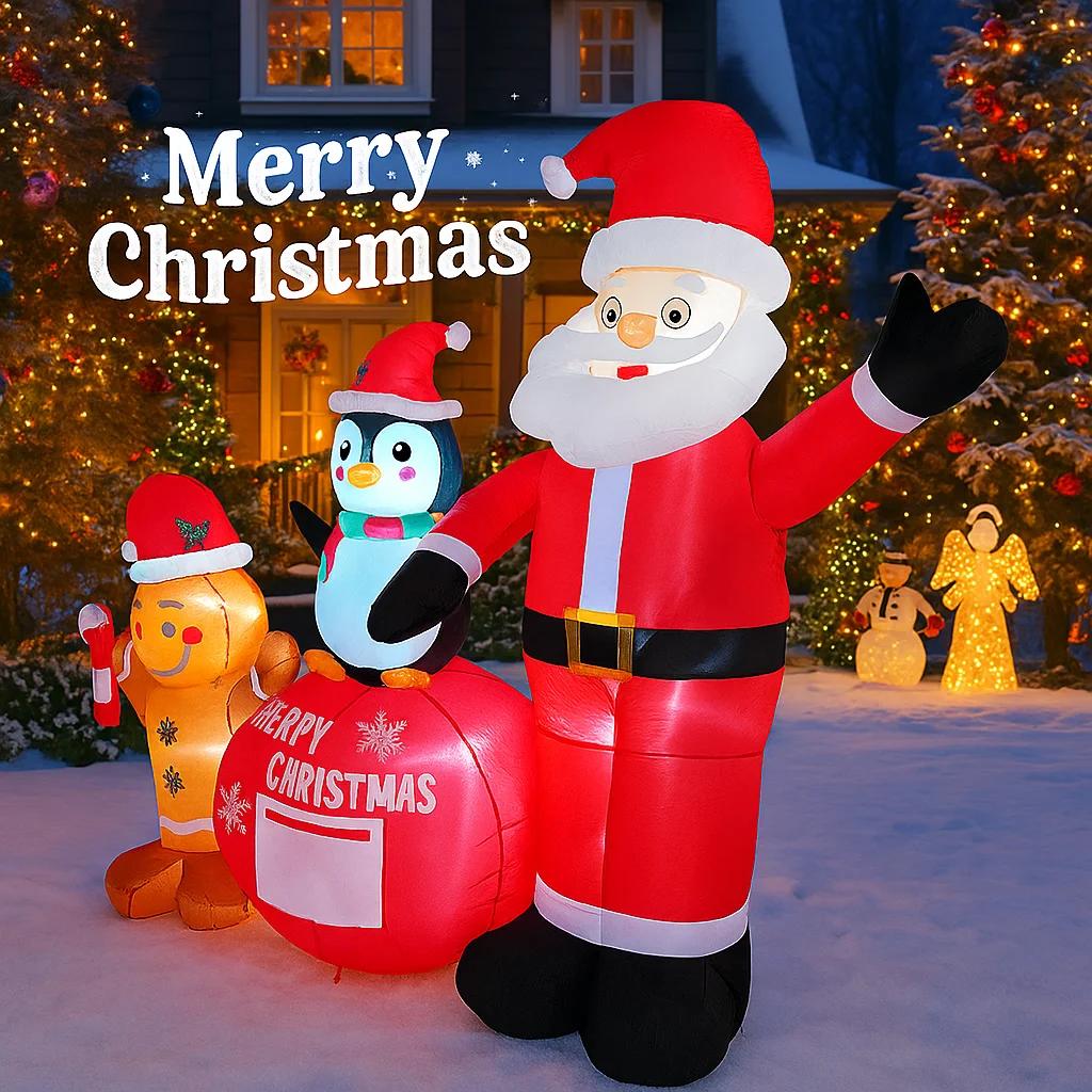 7.22FT Inflatable Toy Christmas Set Santa Penguin Gingerbread Man Xmas Yard Decor Supplies LED Lit Home Ornaments Festive Gift