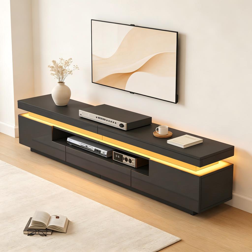 175*38*45cm Living Room TV Stand with 2 L-Shaped Cabinets and 1 Drawer, High-Gloss Cabinet with LED, Semi-Open Storage, Around 75 Inches, Black