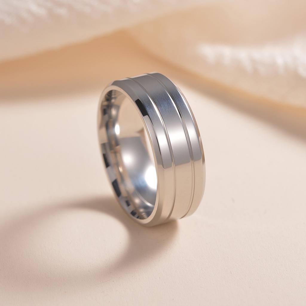 Men's 8mm Wide Groove Frosted Ring Stainless Steel Simple Matte Finish Exquisite Accessory