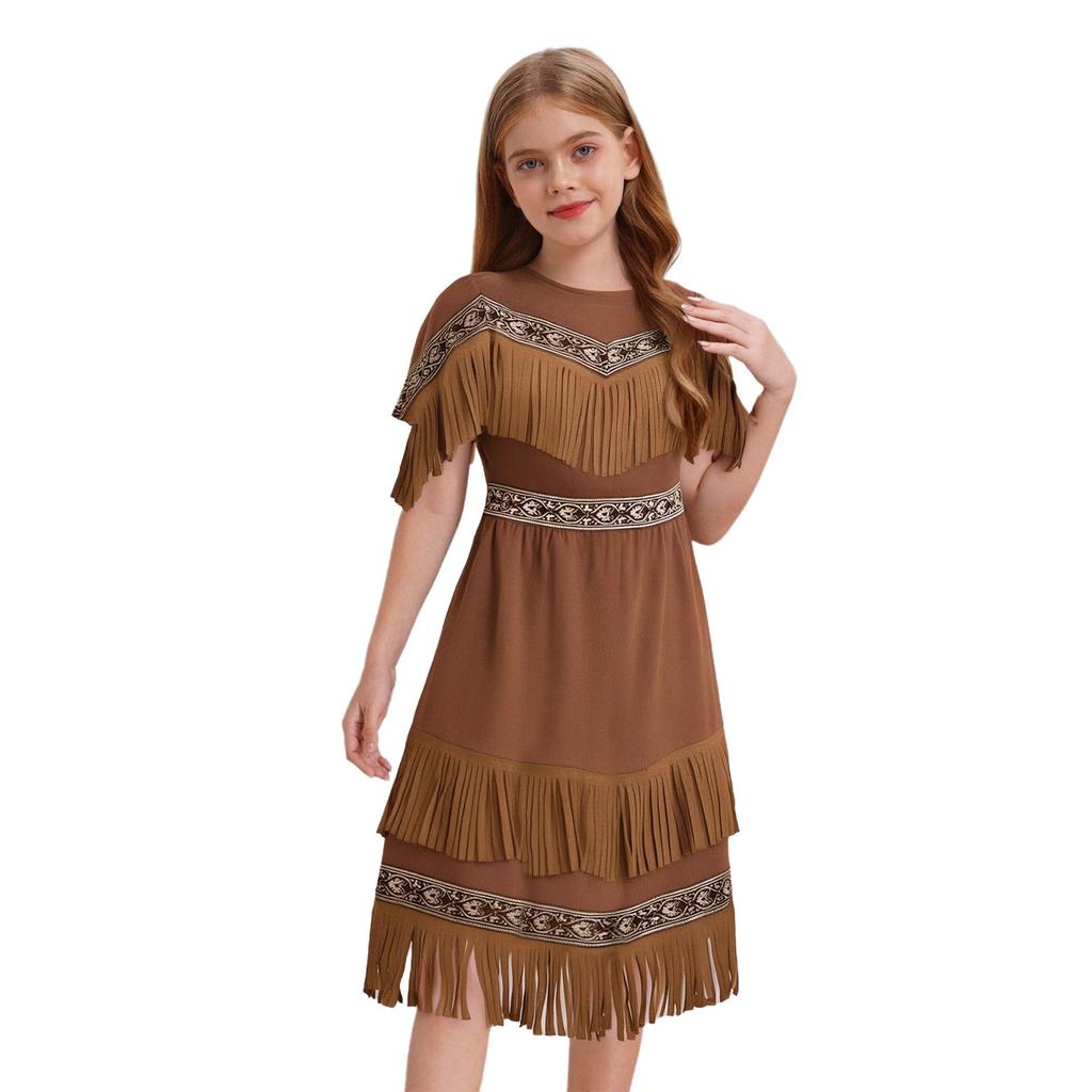 Girls Fringe Hem Dress Double Layer Tassel Decoration Round Neck Short Sleeve Chest Fringes Party Costume