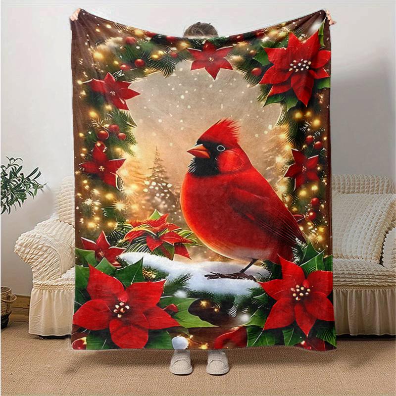 1pc Christmas Cardinal Holiday Wreath Home Decorative Throw Blanket Festive Poinsettia Floral Design for Couch, Bed, Car .W054