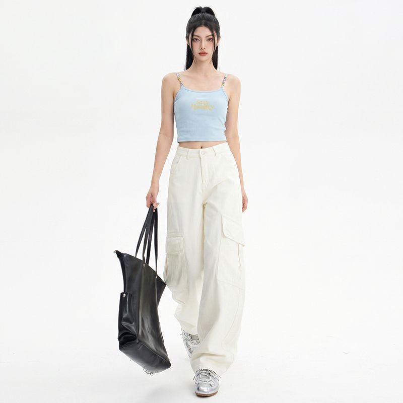 Frühling Sommer Weiß Hohe Taille Schlank Faltenwurf Entspannt Weiter Bein Cargo Jeanshosen Für Damen Lässige Hosen Übergröße Denim Hosen