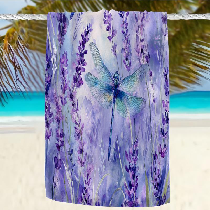 1pc Dragonfly Lavender Beach Towel - Watercolor Style, Soft Microfiber, Oversized, Lightweight & Quick-Dry, Perfect for Swimming